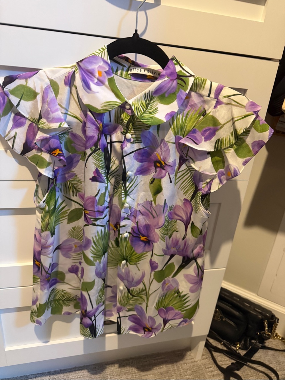Alice + Olivia White Blouse with Purple Floral Print